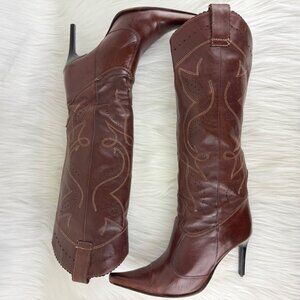 Y2K Aldo Filda Cowgirl Western Pointed Toe Stiletto Boots Sz 37 Brown NEEDS TIPS